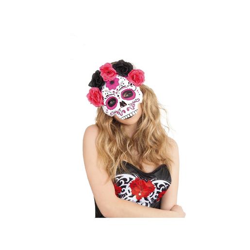 Máscara Katrina con flores rosas y negras