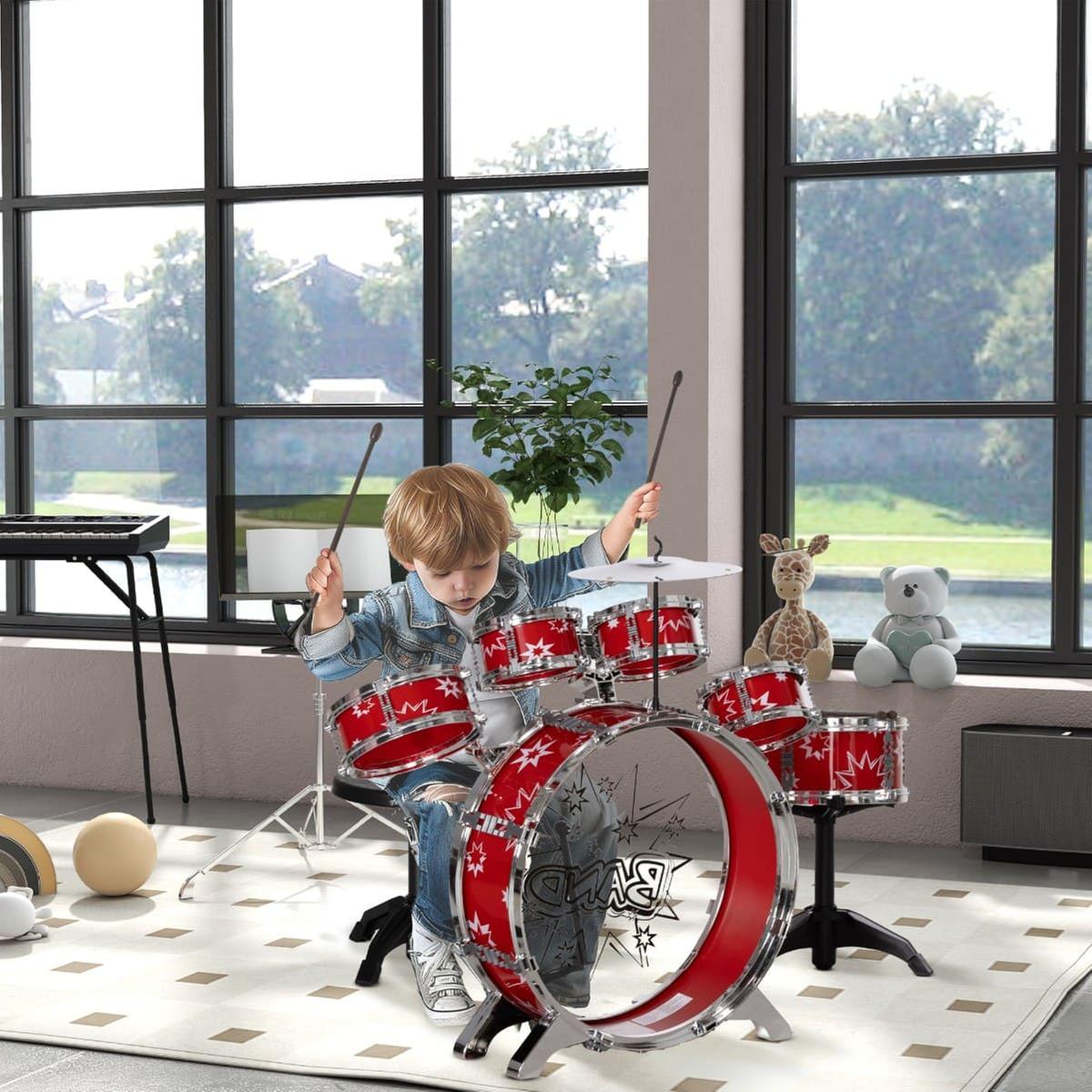 HOMCOM Kit de bateria infantil para crianças acima de 3 anos com tamborete microfone Pratos teclado 77,5x40x76,5 cm Vermelho | Aosom Portugal HOMCOM Kit de bateria infantil para crianças acima de 3 anos com tamborete microfone Pratos teclado 77,5x40x76,5 cm Vermelho | Aosom Portugal