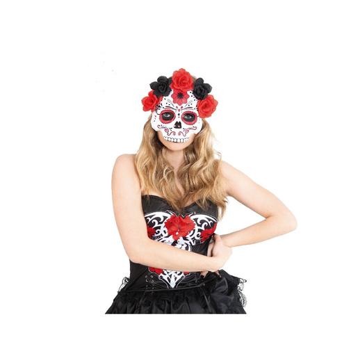 Máscara Katrina con flores rojas y negras