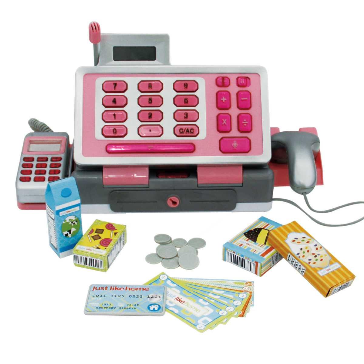 Caja registradora con calculadora real, escáner, micrófono, dinero y
