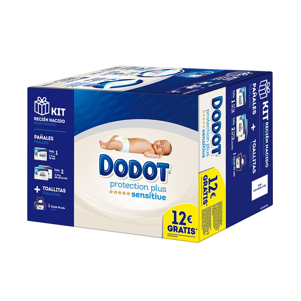 Dodot Sensitive Kit Recién Nacido: Paquete de Pañales Talla 1 (2-5 kg) +  Dos Paquetes Talla 2 (4-8 kg) + 54 Toallitas…