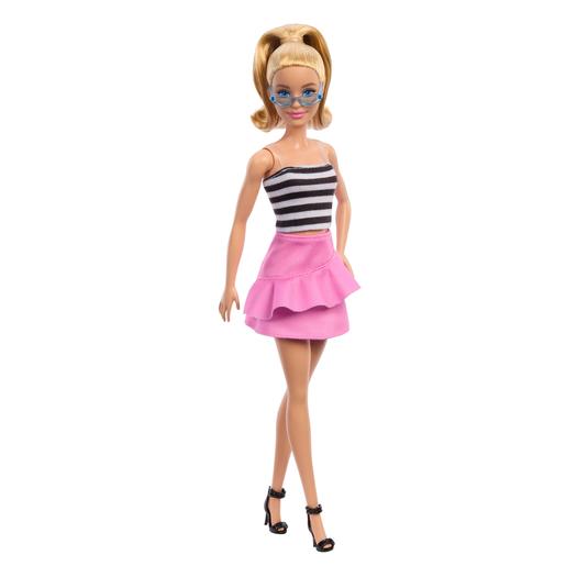 Barbie - Muñeca Barbie Fashionista con top de rayas y falda rosa ㅤ