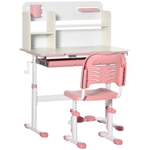 Homcom - Escritorio con estante y silla con altura ajustable Blanco y Rosa