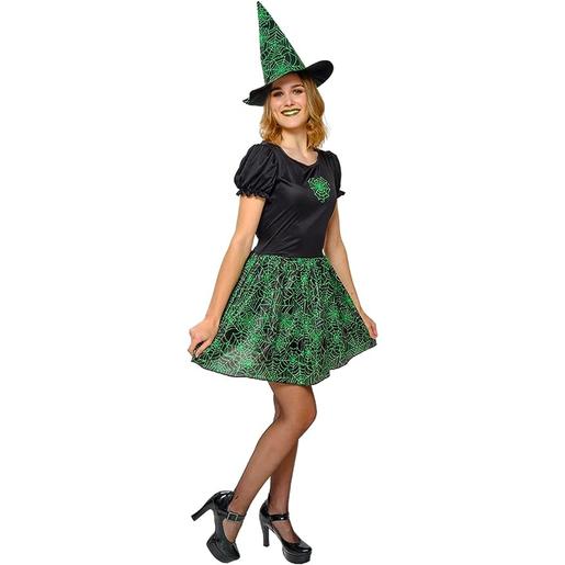 Disfraz de bruja con vestido y sombrero para mujer, color verde