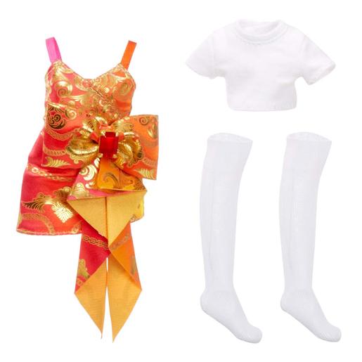 Boneca da moda Junior High Special Edition em vermelho e laranja com acessórios e mochila flexível ㅤ