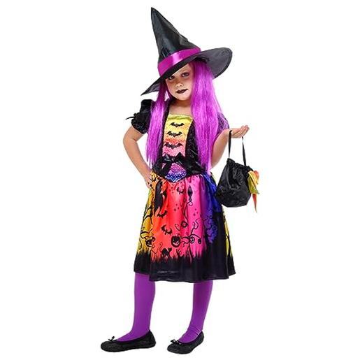 Disfraz de bruja con vestido impreso, sombrero y bolso para fiestas y carnaval ㅤ
