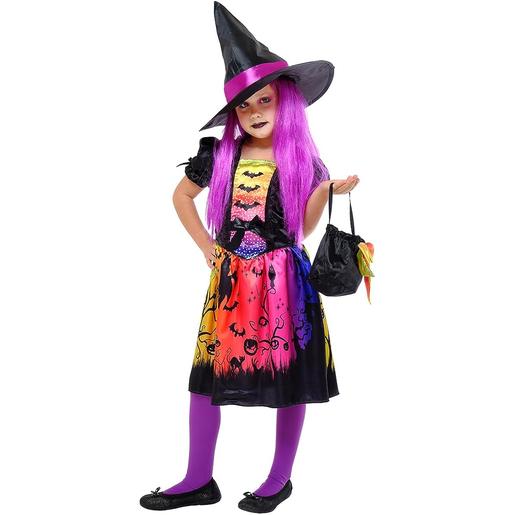 Disfraz de bruja con vestido estampado y sombrero para fiestas y carnaval
