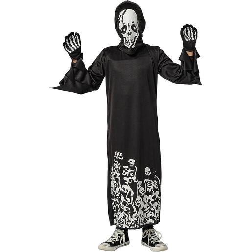 Disfraz Esqueleto Siniestro con capucha y guantes para Halloween, Carnaval y Fiestas