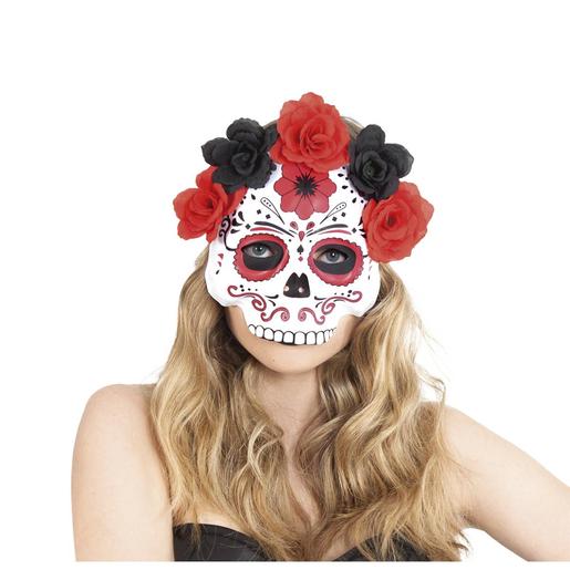 Máscara Katrina con flores rojas y negras