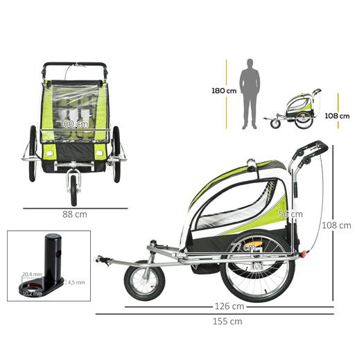 Homcom - Remolque infantil bicicleta 2 plazas verde