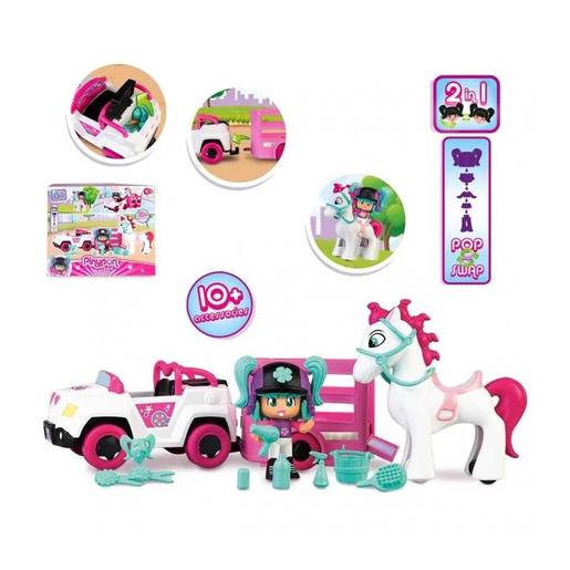 Pinypon - Remolque y caballo con mini muñeca y accesorios Pop&Swap