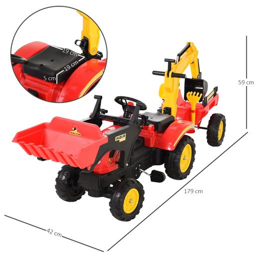 Homcom - Tractor excavadora a pedales con remolque rojo