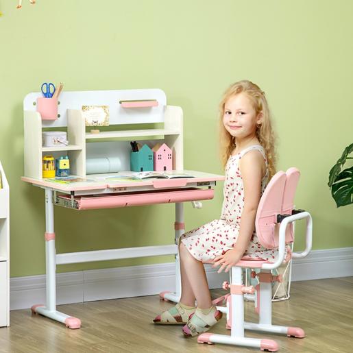 Homcom - Escritório com estante e cadeira ajustável Rosa e Branco