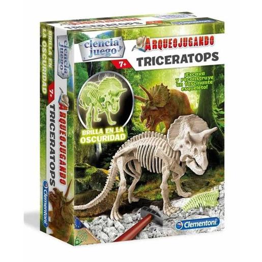 Clementoni - Juego científico de excavación y montaje de Triceratops fosforescente