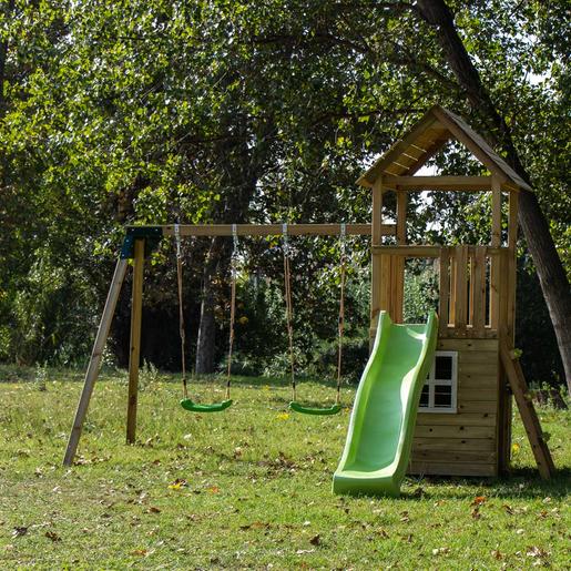 Parque juegos infantil de madera Tibidabo con caseta y columpio doble